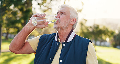 Buy stock photo Drinking, water and old man in nature, fitness and recovery after exercise with liquid and wellness. Outdoor, hydration and elderly person with refreshing fluid, rest and workout for health benefits