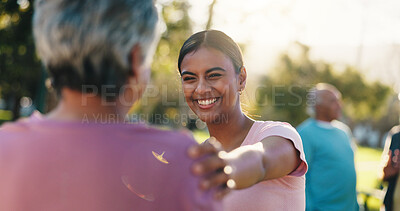 Buy stock photo Fitness, old woman or instructor with support at park for workout progress, mobility exercise or bokeh. Retirement club, coach or happy with senior team for cardio performance, wellness or motivation