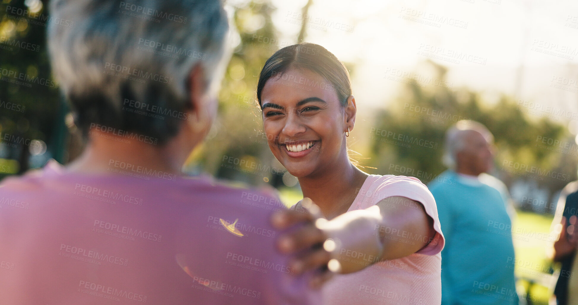 Buy stock photo Fitness, old woman or instructor with support at park for workout progress, mobility exercise or bokeh. Retirement club, coach or happy with senior team for cardio performance, wellness or motivation