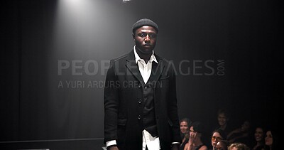 Buy stock photo Man, model and runway with luxury for fashion show, garment collection or designer brand. Male person, crowd or audience with clothing line or outfit for publicity or new aesthetic trend on catwalk
