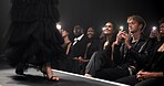 People, audience and catwalk with phone for fashion show, garment collection or designer brand. Group, crowd and paparazzi for clothing line, outfit or publicity for new aesthetic trend or wardrobe