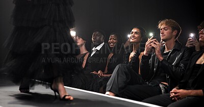 Buy stock photo People, audience and catwalk with phone for fashion show, garment collection or designer brand. Group, crowd and paparazzi for clothing line, outfit or publicity for new aesthetic trend or wardrobe