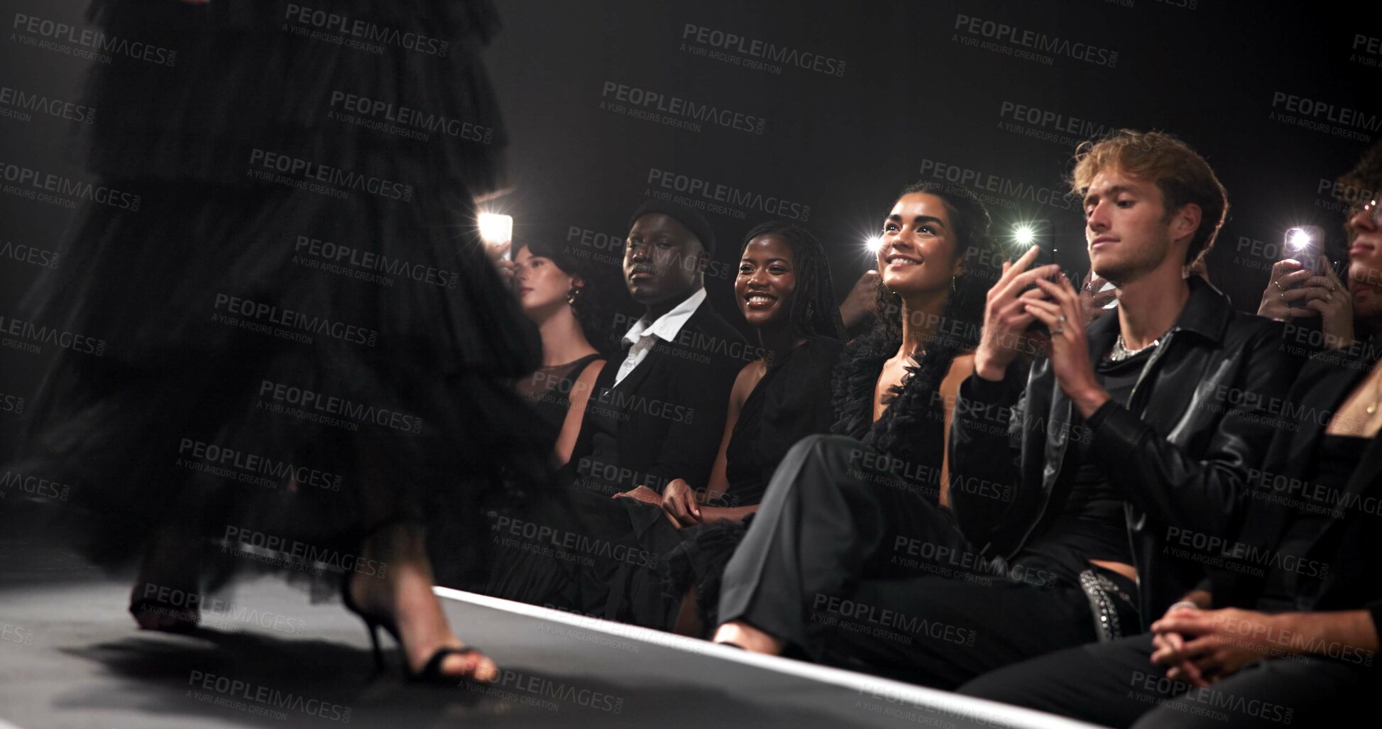 Buy stock photo People, audience and catwalk with phone for fashion show, garment collection or designer brand. Group, crowd and paparazzi for clothing line, outfit or publicity for new aesthetic trend or wardrobe