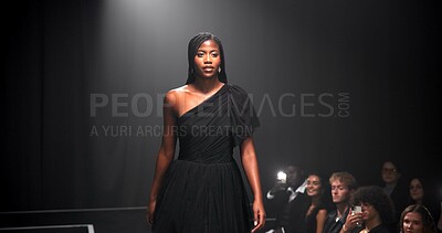 Buy stock photo Woman, model and runway with luxury for fashion show, garment collection or designer brand. Person, crowd or audience with clothing line or outfit for publicity or new aesthetic trend on catwalk