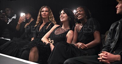 Buy stock photo Fashion show, audience and people at catwalk event for branding, clothing collection or label launch. Phone, entertainment and crowd recording outfit showcase on runway for designer at style premiere