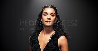 Buy stock photo Runway, woman and portrait of model at fashion show for clothing brand, collection or label launch. Serious, elegant and female person on catwalk for designer line with stylish outfit at event.