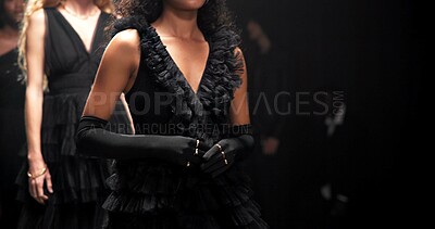 Buy stock photo Runway model, women and hands in fashion show with style for designer collection, brand launch and expo. Space, people and event with catwalk for clothing showcase, luxury aesthetic and evening wear.