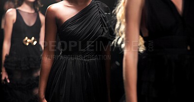 Buy stock photo Runway model, women or dress in fashion show with designer launch, gown collection or style expo. Creative, people or event with catwalk for clothing showcase, luxury aesthetic or evening wear trend.