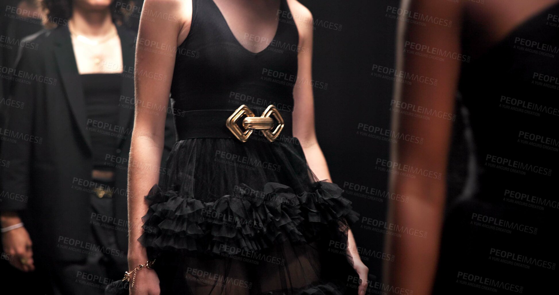 Buy stock photo Runway model, women or hands in fashion show with luxury aesthetic, dress collection and designer launch. Creative, people and event with catwalk for clothing showcase, trendy evening wear and style.