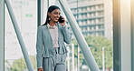 Business woman, smile and walk in lobby for phone call, communication and networking or travel booking. Negotiation, talking or lawyer at airport on tech for international trip or flight schedule