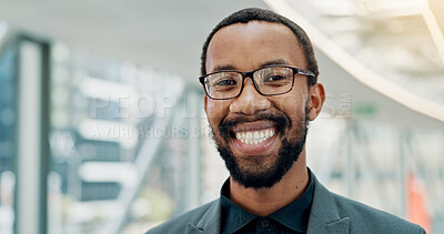 Buy stock photo Business, black man or portrait with smile in office for legal expert, governance or career pride. Space, attorney or happy at law firm for professional service, civil litigation or corporate justice