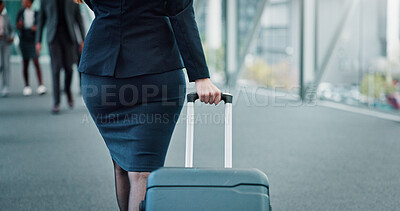 Buy stock photo Suitcase, back and businesswoman in airport for travel with work trip by terminal gate. Journey, luggage and female corporate employee walking for international flight with conference for career.