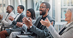 Applause, presentation and business people with seminar for team building, victory and goal. Clapping hands, celebration and audience of workers with thank you, conference or meeting in office