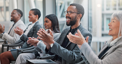 Buy stock photo Applause, presentation and business people with seminar for team building, victory and goal. Clapping hands, celebration and audience of workers with thank you, conference or meeting in office