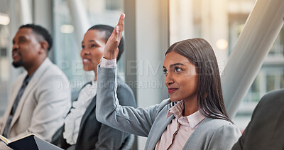 Buy stock photo Business people, meeting and question in conference, workshop or presentation for feedback at office. Group, employees and audience with hand raised in team training for interaction at workplace