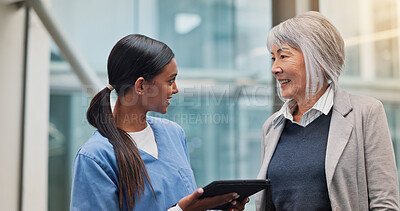 Buy stock photo Tablet, healthcare and nurse with senior patient in hospital for good news on diagnosis. Happy, discussion and medical worker with elderly female person with technology for treatment plan in clinic.
