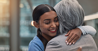Buy stock photo Healthcare, hug and nurse woman with patient in hospital for consulting, support or wellness. Love, medical and smile with happy people embracing in clinic together for good news, recovery or success