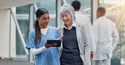 Buy stock photo Tablet, medical and nurse with senior patient in hospital for good news on diagnosis. Happy, discussion and healthcare worker with elderly female person with technology for treatment plan in clinic.