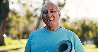 Buy stock photo Fitness, portrait and yoga mat with old man in park for balance, holistic health or wellness. Exercise, retirement and smile of happy senior person outdoor in nature for activity or rehabilitation