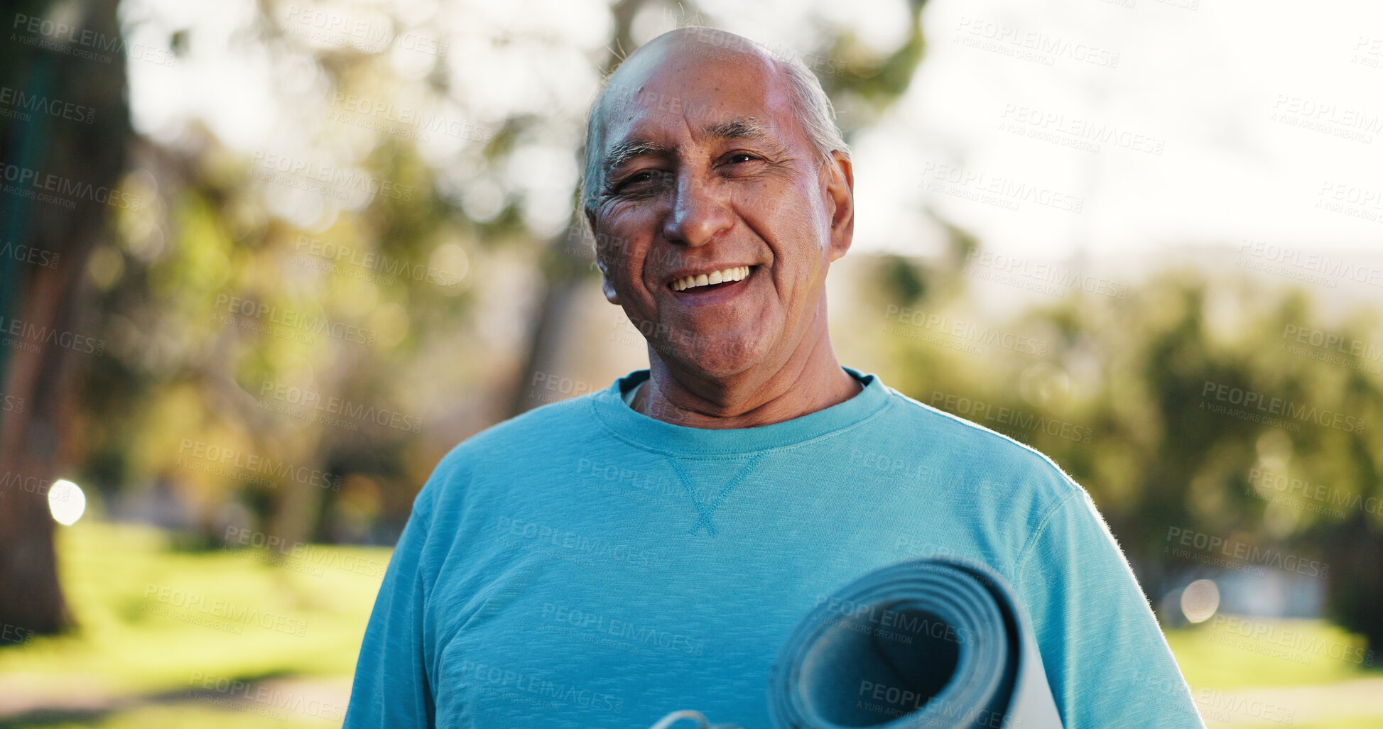 Buy stock photo Fitness, portrait and yoga mat with old man in park for balance, holistic health or wellness. Exercise, retirement and smile of happy senior person outdoor in nature for activity or rehabilitation