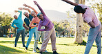 Class, stretching and instructor with old people in park for wellness, workout or mobility exercise. Joint friendly training, retirement and learning with senior men and women outdoor for warm up