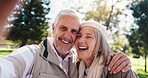 Portrait, selfie or old couple in park with hug for connection, commitment or healthy relationship. Happy people, elderly man or senior woman outdoor for embrace, love photography or bonding together