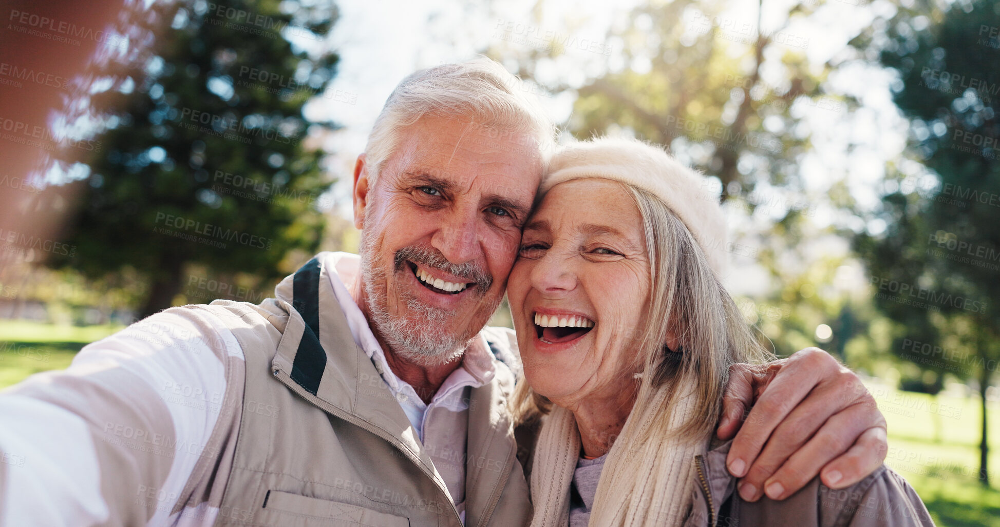 Buy stock photo Portrait, selfie or old couple in park with hug for connection, commitment or healthy relationship. Happy people, elderly man or senior woman outdoor for embrace, love photography or bonding together