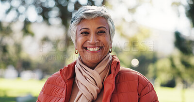 Buy stock photo Portrait, smile and senior woman in park, nature and calm with retirement, bokeh and spring time. Pensioner, outdoor and mature person with confidence, pride and weekend break with vacation and relax