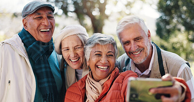 Buy stock photo Senior friends, selfie and people at park for happy memory, laugh or group bonding together. Profile picture, elderly men and women outdoor for funny photo, social media update and post in retirement