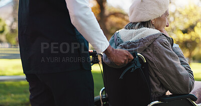 Buy stock photo Caregiver, walk or senior woman with wheelchair in park, fresh air or nature for positive mental health. Retirement, nurse or elderly person with disability on outdoor stroll, wellness or support