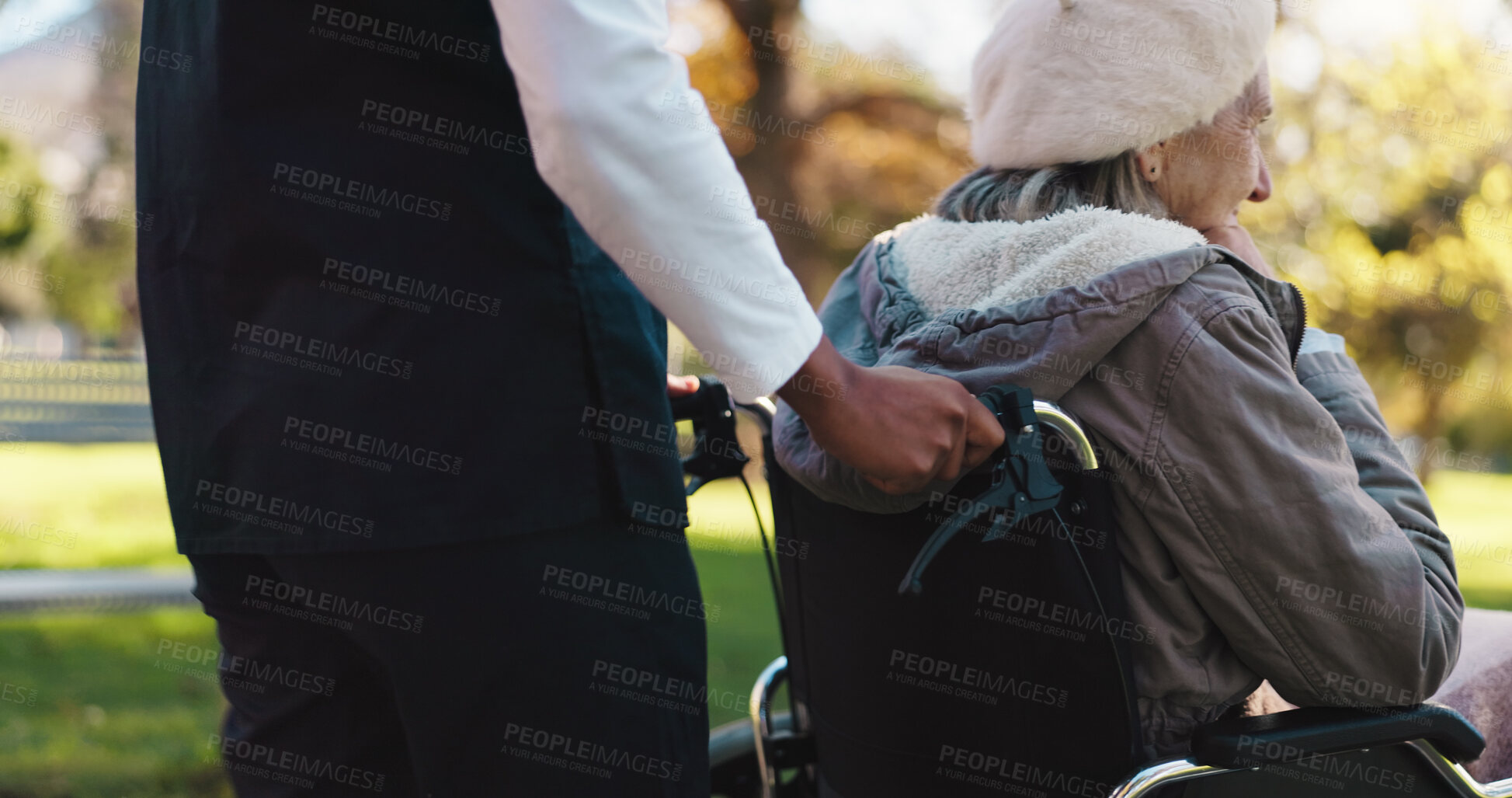 Buy stock photo Caregiver, walk or senior woman with wheelchair in park, fresh air or nature for positive mental health. Retirement, nurse or elderly person with disability on outdoor stroll, wellness or support