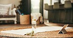 Water, weights and tablet for fitness in home with online tutorial for workout, health and wellness. Digital technology, bottle and dumbbells for exercise with yoga mat for equipment in apartment.