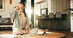Drinking water, tablet and yoga with woman on floor in living room of home for online holistic course. App, exercise and hydration with mature person in apartment for virtual wellness tutorial
