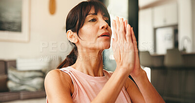 Buy stock photo Woman, yoga and meditation with namaste for zen, inner peace or spiritual wellness in home. Active, female person or yogi with calm breathing exercise for awareness, chakra or mindfulness in house