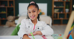 Happy, homework and portrait of child in home for learning, education and writing in book for activity. School, house and girl with stationery, notebook and drawing for assessment, lesson and project