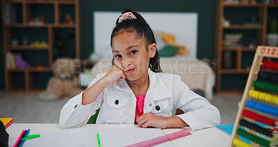 Buy stock photo Thinking, homework and portrait with child in home for brainstorming, math solution and vision. Reflection, problem solving and education mindset with girl in house for studying, curious and memory