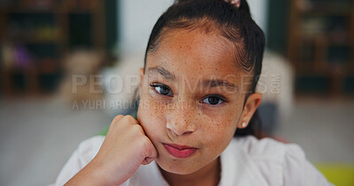 Buy stock photo Thinking, student and portrait with child in home for brainstorming, academic solution or vision. Reflection, problem solving and education mindset with girl in house for studying, curious and memory