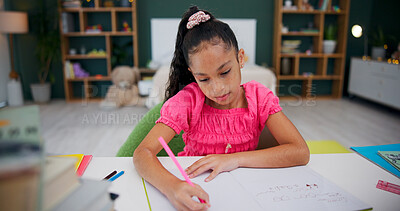 Buy stock photo Child, writing and studying for knowledge, house and preparing for assignment, growth and education. Learning, student and girl with notebook for homework, development and fine motor skills in home