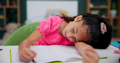 Buy stock photo Tired, sleeping and kid in bedroom with homework, fatigue or rest during problem solving at home. Burnout, learner and girl in house with notebook, nap and exhausted in homeschool assignment.