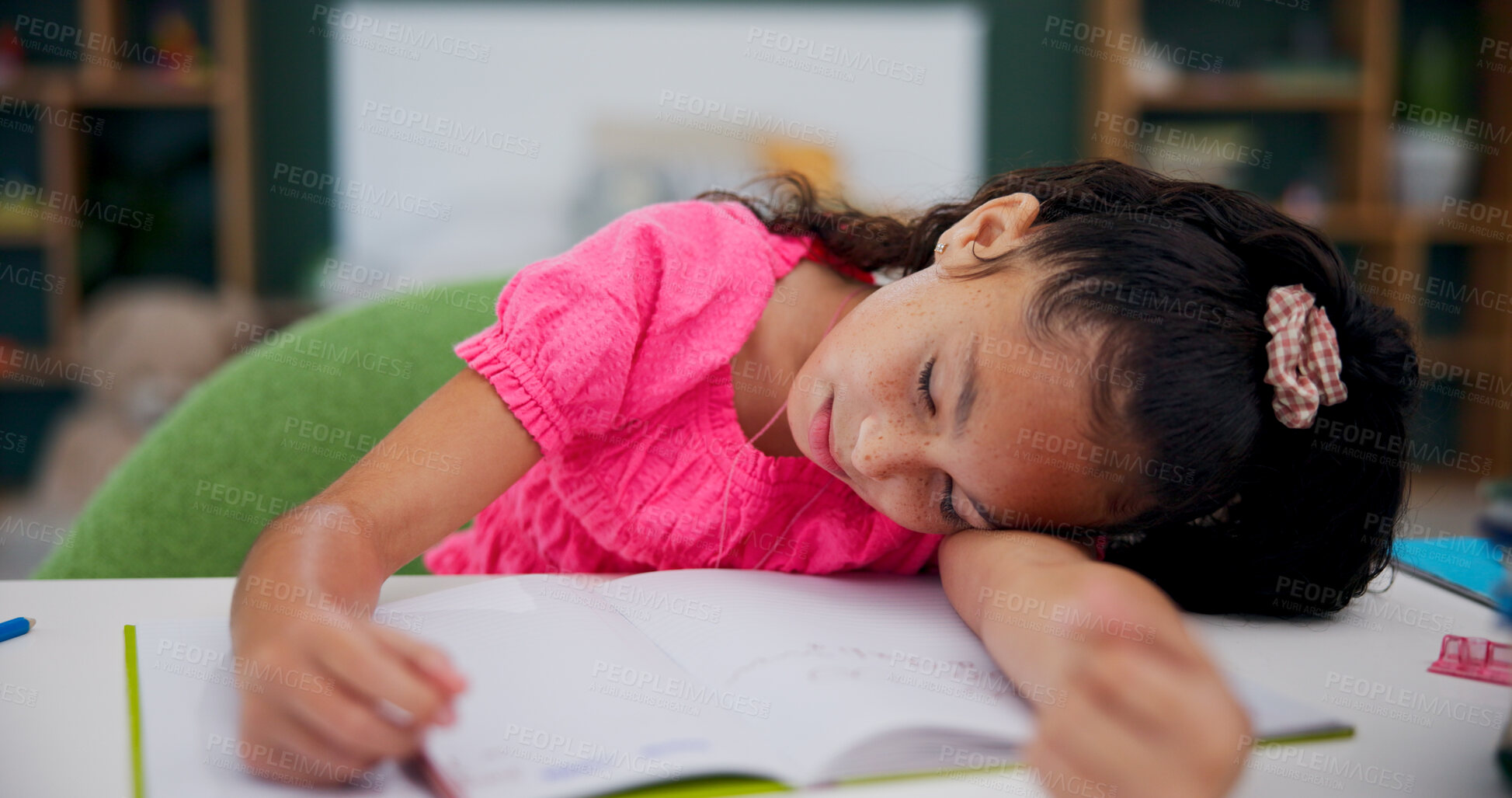 Buy stock photo Tired, sleeping and kid in bedroom with homework, fatigue or rest during problem solving at home. Burnout, learner and girl in house with notebook, nap and exhausted in homeschool assignment.