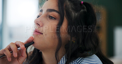 Buy stock photo Home, thinking and woman with ideas, college student and planning for assignment. Apartment, university and person with contemplation, problem solving and phd research with solution or school project