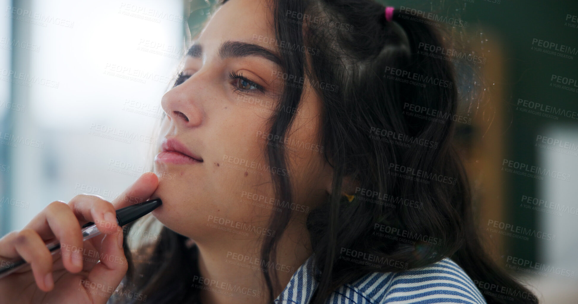 Buy stock photo Home, thinking and woman with ideas, college student and planning for assignment. Apartment, university and person with contemplation, problem solving and phd research with solution or school project