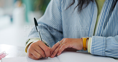 Buy stock photo Education, hands and student writing notes with pen in book, learning knowledge or exam preparation. Studying, course revision and woman prepare for university test, academic info or subject summary