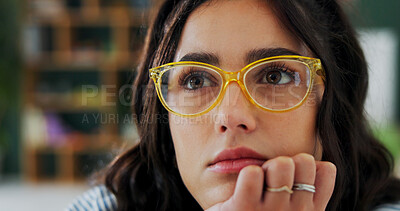 Buy stock photo Home, thinking and woman with glasses, college student and planning for creative assignment. Eyewear, university and person with problem solving, choice and phd research with solution or decision