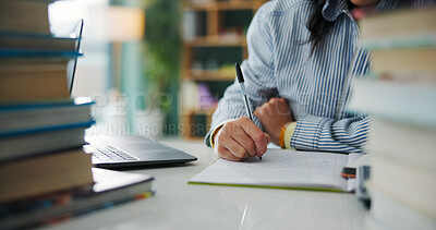 Buy stock photo College student, hands or writing notes with pen in book, learning knowledge or exam preparation. Studying, course revision and woman with laptop for academic assessment, test info or subject summary