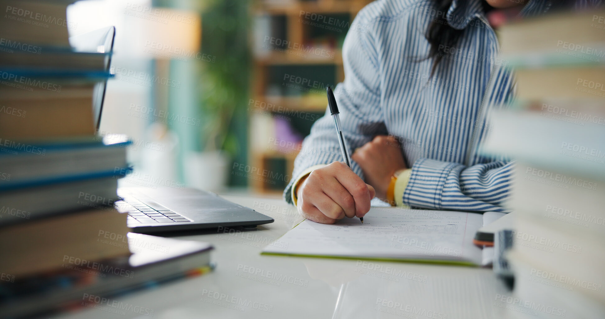 Buy stock photo College student, hands or writing notes with pen in book, learning knowledge or exam preparation. Studying, course revision and woman with laptop for academic assessment, test info or subject summary