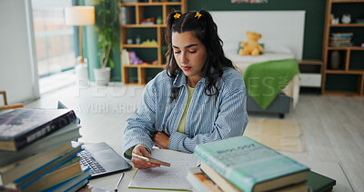 Buy stock photo Books, student and phone with woman in home for college admission, test results and research. Online assessment portal and university project with person in bedroom of house for studying and app