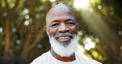 Buy stock photo Happy, fitness and portrait of black man in nature for runner, confidence and health. Retirement, exercise pride and wellness with senior person outdoor for mobility training, athlete and hobby