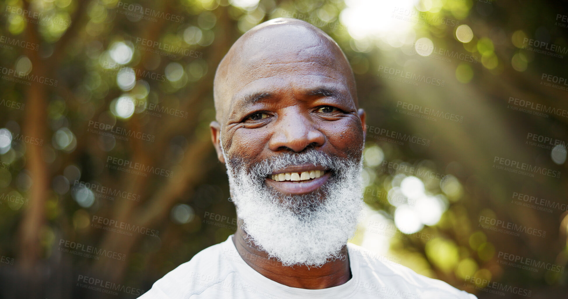 Buy stock photo Happy, fitness and portrait of black man in nature for runner, confidence and health. Retirement, exercise pride and wellness with senior person outdoor for mobility training, athlete and hobby