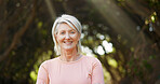 Smile, fitness and portrait of old woman in nature for runner, confidence and health. Retirement, exercise pride and wellness with senior person outdoor for mobility training, athlete and hobby